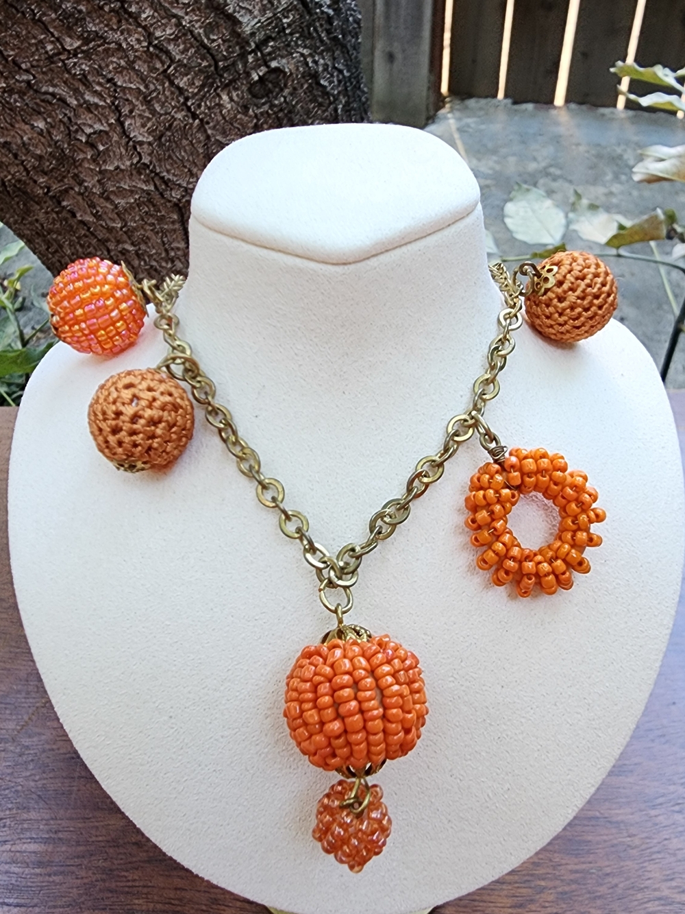 Vintage Boho Beaded Pumpkin Statement Charm Necklace Antique Bronze Fall Autumn